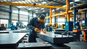 Workers expertly crafting metal at a steel fabrication shop with precision tools and machinery.