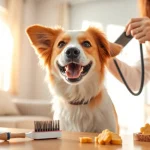 Verzorging van een gelukkige hond op https://hondenverzorgers.nl in een gezellige woonkamer.