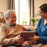 Provide senior care austin tx with a caregiver assisting an elderly person in a warm, inviting home setting.