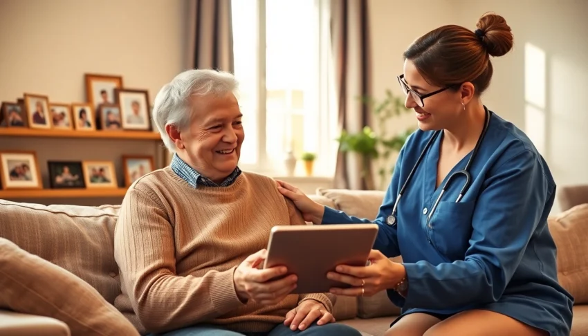 Provide senior care austin tx with a caregiver assisting an elderly person in a warm, inviting home setting.