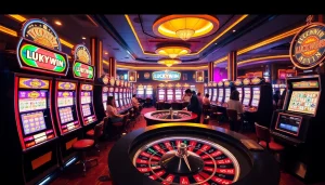 Experience LUCKYWIN at a vibrant casino scene filled with winning players and colorful gaming elements.