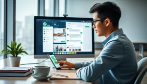 在现代办公室使用 WhatsApp网页版的年轻专业人士（桌面端）