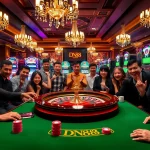 Players strategizing at a DN88 poker table with vibrant chips and roulette wheel in a luxurious casino.