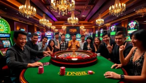 Players strategizing at a DN88 poker table with vibrant chips and roulette wheel in a luxurious casino.