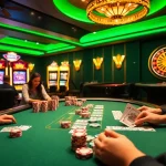 Experience the thrill of winning at SHBET casino with vibrant slot machines and a lively poker table.