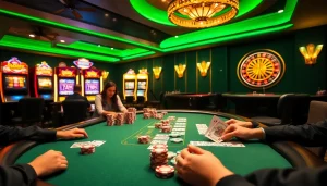 Experience the thrill of winning at SHBET casino with vibrant slot machines and a lively poker table.