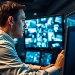 Technician utilizing video analytics for cctv in a modern control room focusing on surveillance insights.