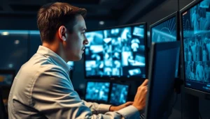 Technician utilizing video analytics for cctv in a modern control room focusing on surveillance insights.