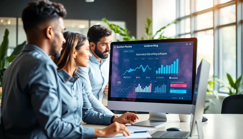 Engaging professionals using Automated Underwriting Software on a sleek digital interface.