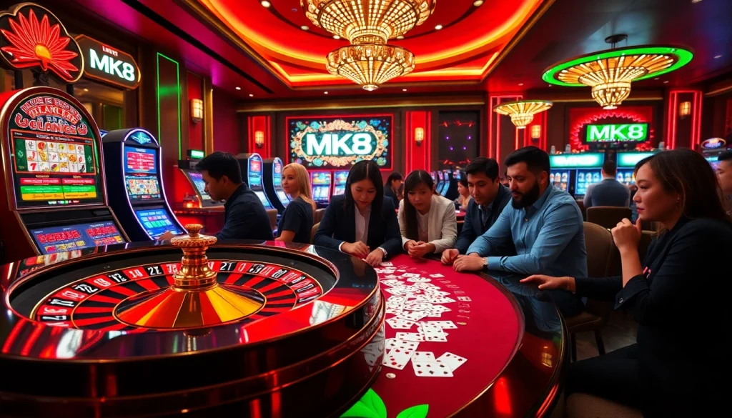 Players engaging in a thrilling MK8 casino experience with vibrant roulette and slot machines.