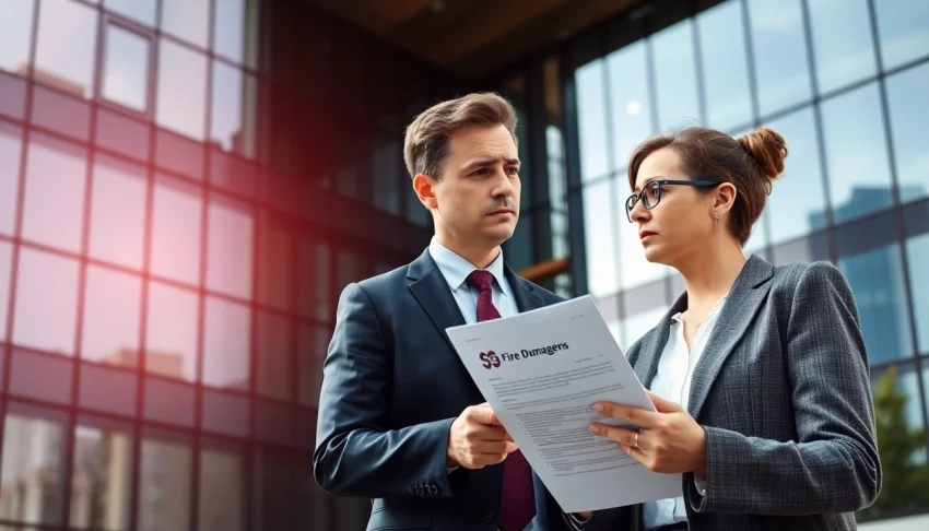 Lawyer for insurance fire claims consulting with a client about their fire damage case in an office setting.