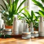 Ekologiska kosmetika and natural beauty products arranged aesthetically on a wooden table.
