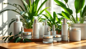 Ekologiska kosmetika and natural beauty products arranged aesthetically on a wooden table.