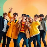 Bts members posing vibrantly, showcasing their dynamic personalities and styles.