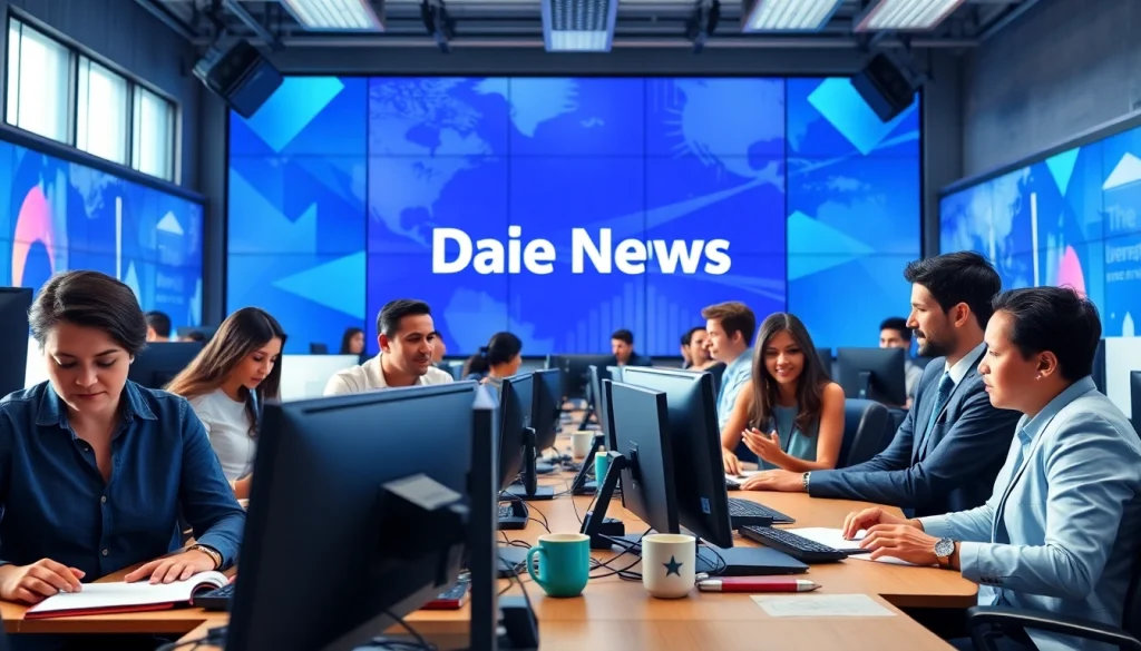 Journalists reporting news at https://www.thedailynewsonline.com newsroom with vibrant atmosphere.