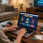 A person plays at an online casino with strategic betting on Agen Casino Online, enjoying a cozy home atmosphere.