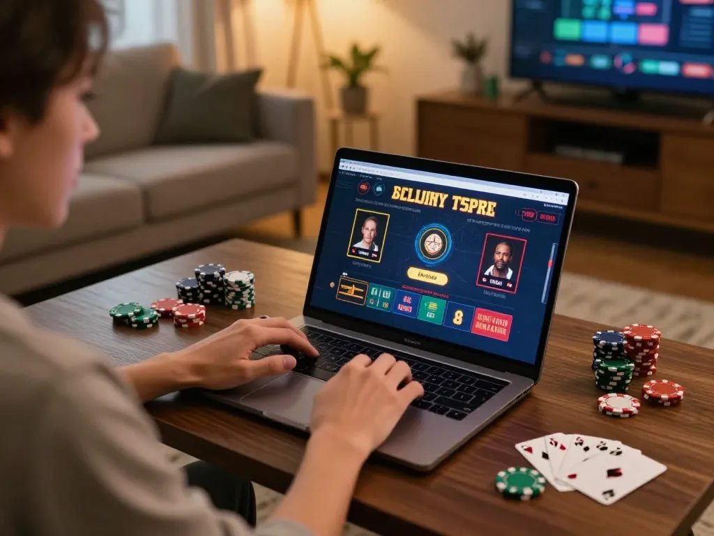 A person plays at an online casino with strategic betting on Agen Casino Online, enjoying a cozy home atmosphere.
