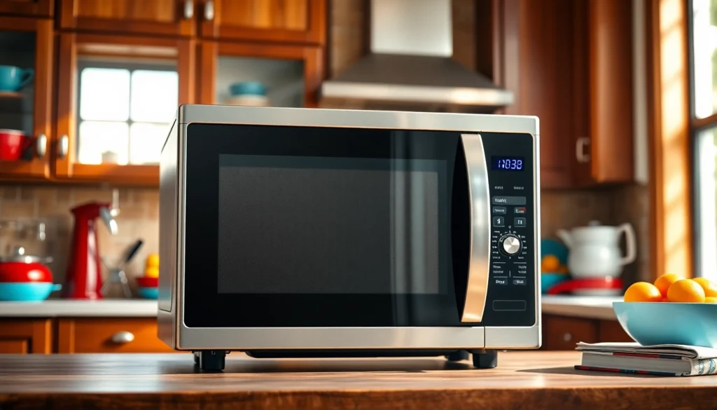 Engaging microwave oven sales display in a cozy kitchen setting showcasing modern design.