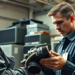 Check quality Trane parts dealer near me while a technician inspects components in a workshop.