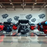 Explore high-quality used engines showcased in a modern showroom space.