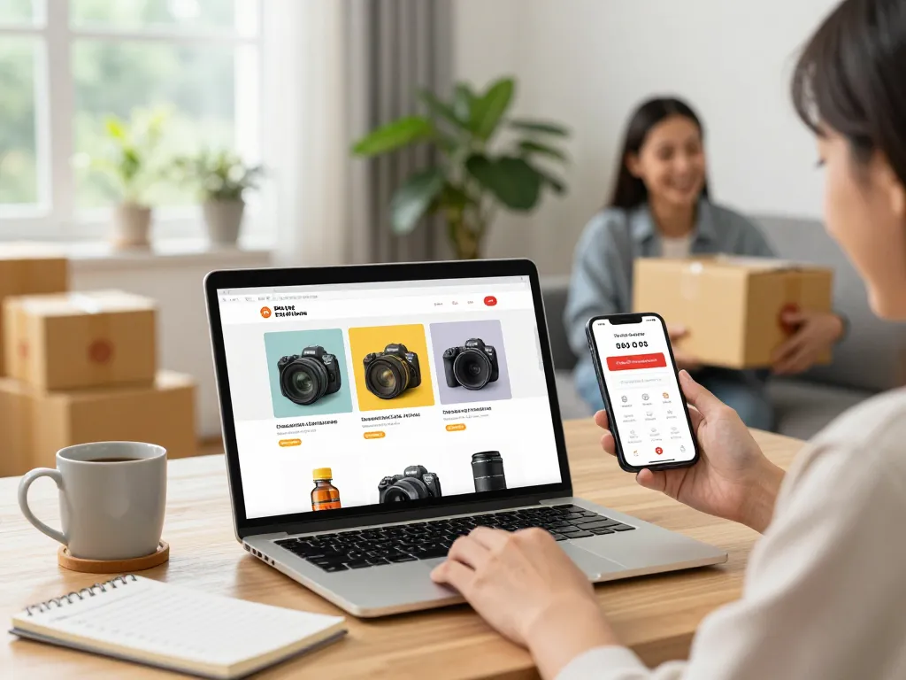 Exciting e-commerce shopping scene featuring hubet.com online marketplace with vibrant products.