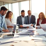Consultants collaborating on Federal and State contracts pre-post award compliance in a modern office setting.