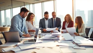 Consultants collaborating on Federal and State contracts pre-post award compliance in a modern office setting.