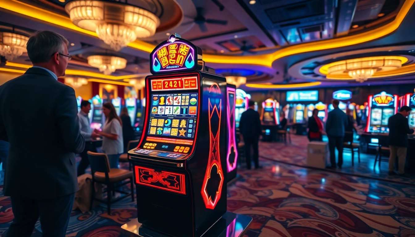 Permainan slot demo mahjong yang menarik di kasino dengan banyak pemain yang antusias.
