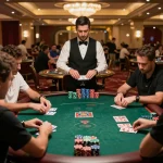 Spaceman contestants strategizing in a high-stakes poker game surrounded by vibrant decor