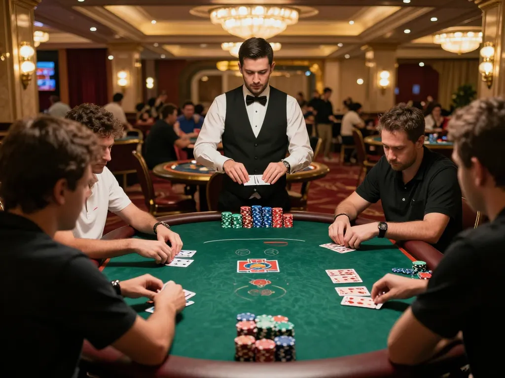 Spaceman contestants strategizing in a high-stakes poker game surrounded by vibrant decor