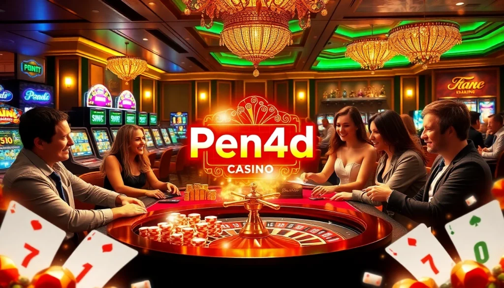 Players enjoying the thrilling Pen4d slot game at a luxurious casino, showcasing excitement and engagement.
