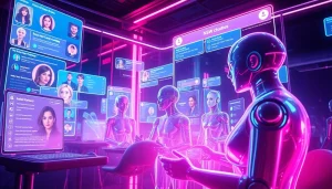 The best NSFW AI chatbots interact vividly in a futuristic digital space, showcasing immersive experiences for users.