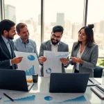 Analyze competitor pricing data in a bright office, demonstrating team collaboration.