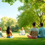 Meditation session promoting mental health awareness in a tranquil park.