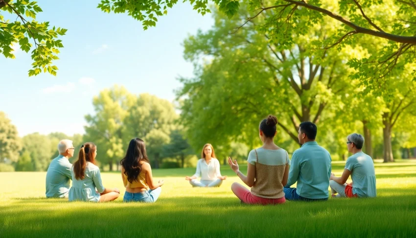 Meditation session promoting mental health awareness in a tranquil park.