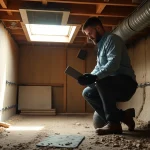 Crawl Space Restoration process with technician inspecting a damp area to ensure safety and integrity.