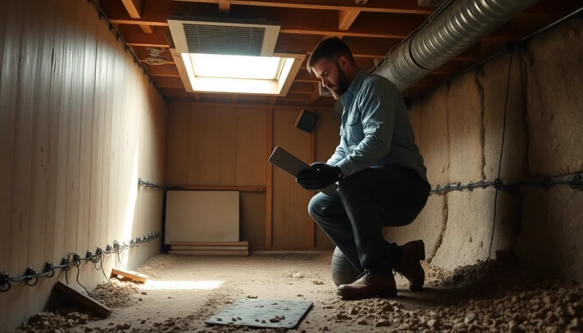 Crawl Space Restoration process with technician inspecting a damp area to ensure safety and integrity.