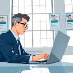 Use the linkedin email finder tool while a professional works in a modern office