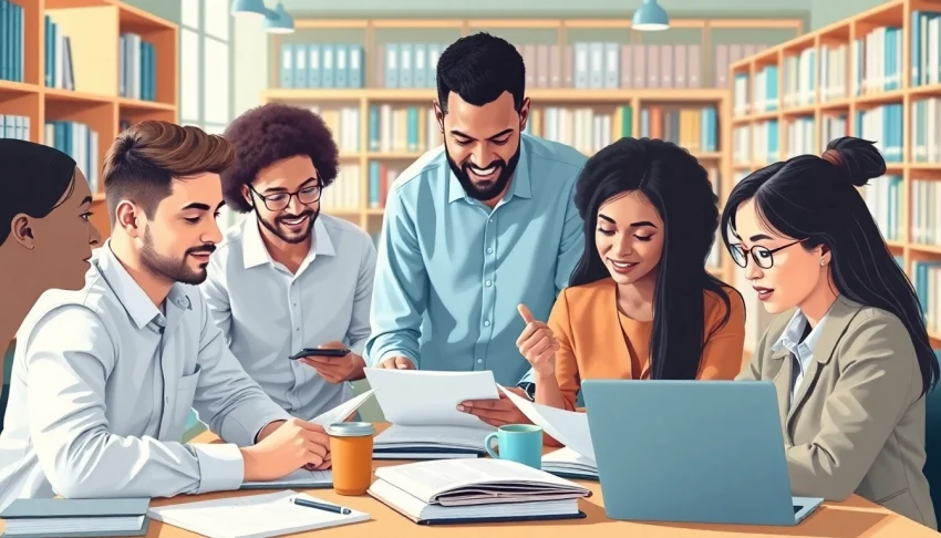 Capture certification exam support with diverse individuals studying together in a cozy library setting.