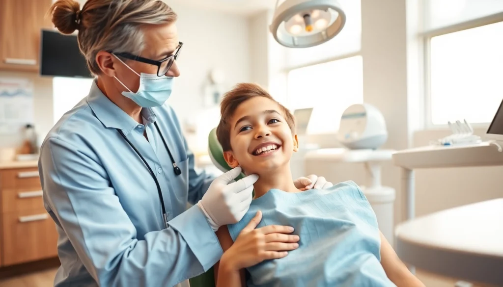 Engaged edmonton orthodontist examining a young patient's alignment in a modern clinic.