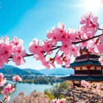 日本のトレンドトピックを特集した桜の風景と伝統的な建物