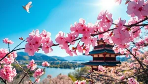 日本のトレンドトピックを特集した桜の風景と伝統的な建物