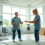 Physiotherapie Stuttgart: Physiotherapist assisting a patient in a bright, modern clinic.