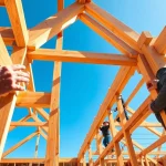 Crafting a structural timber frame showcasing skilled artisans at work.