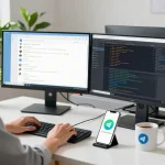 Developer engaging with Telegram 中文 in a modern tech workspace.