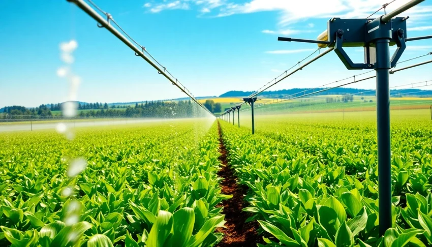 Land irrigation system demonstrating effective water distribution in a verdant field.