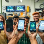 We buy old phones from happy people showing various smartphone models in a professional setting.