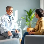 Engaging psychiatrist session reflecting psychiatric treatment in India in a serene clinic.