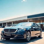 LGA car service vehicle parked at the airport drop-off, showcasing professionalism and luxury.