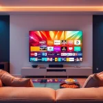 Enjoy watching IPTV channels in a vibrant living room setting.